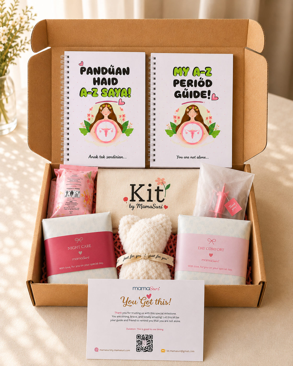 New MamaSuri Gift Box with first-period essentials and guide