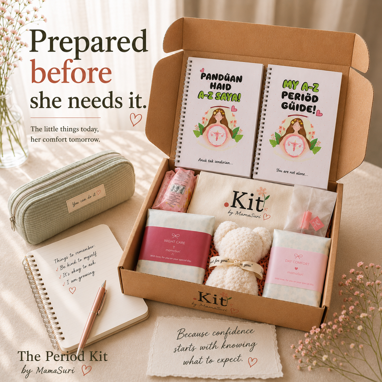 MamaSuri first-period preparation kit in warm natural light